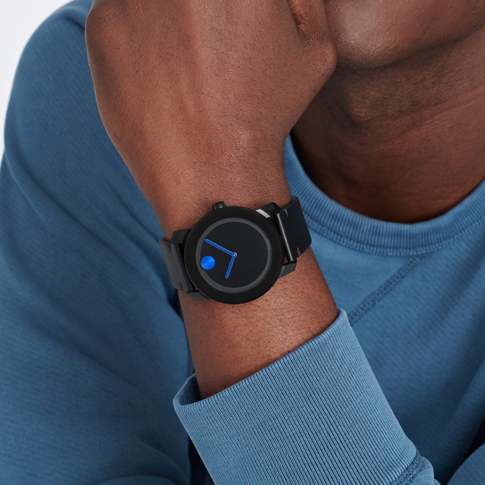Movado Bold Metallic Blue Dial Black Leather Strap Watch for Men - 3600137 Buy Now By Movado