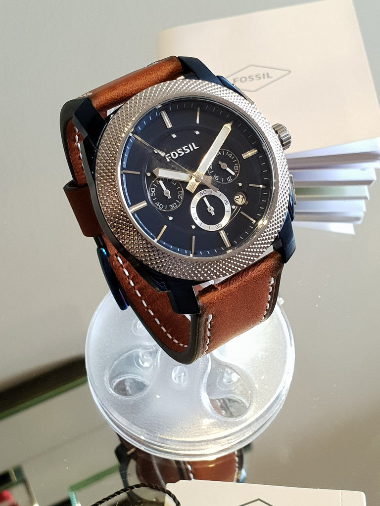 Fossil Machine Chronograph Blue Dial Brown Leather Strap Watch for Men - FS5232 Buy Now By Fossil