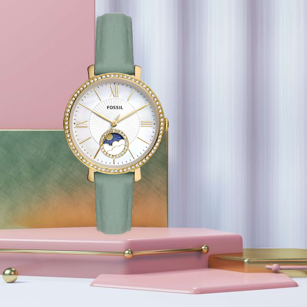 Fossil Jacqueline Analog Moonphase Mother of Pearl White Dial Green Leather Strap Watch for Women - ES5168 Buy Now By Fossil