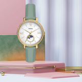 Fossil Jacqueline Analog Moonphase Mother of Pearl White Dial Green Leather Strap Watch for Women - ES5168 Buy Now By Fossil