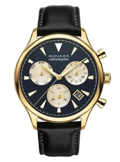 Movado Heritage Chronograph Calendoplan Blue Dial Black Leather Strap Watch for Men - 3650006 Buy Now By Movado