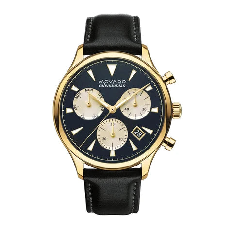 Movado Heritage Chronograph Calendoplan Blue Dial Black Leather Strap Watch for Men - 3650006 Buy Now By Movado