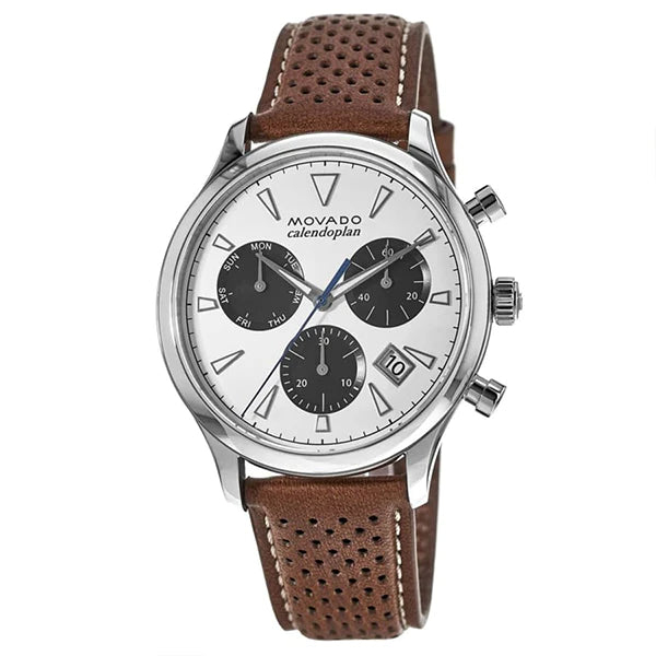 Movado Heritage Calendoplan Chronograph White Dial Brown Leather Strap Watch for Men - 3650008 Buy Now By Movado