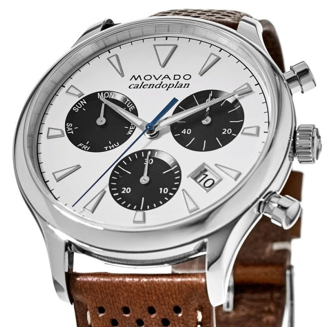 Movado Heritage Calendoplan Chronograph White Dial Brown Leather Strap Watch for Men - 3650008 Buy Now By Movado