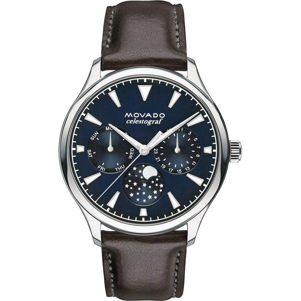 Movado Heritage Moonphase Blue Dial Brown Leather Strap Watch For Women - 3650009 Buy Now By Movado