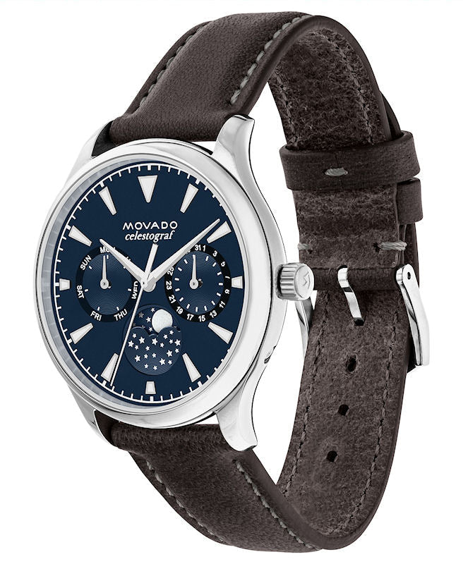 Movado Heritage Moonphase Blue Dial Brown Leather Strap Watch For Women - 3650009 Buy Now By Movado