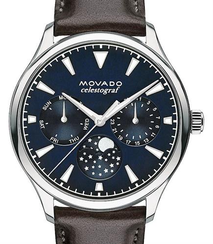 Movado Heritage Moonphase Blue Dial Brown Leather Strap Watch For Women - 3650009 Buy Now By Movado
