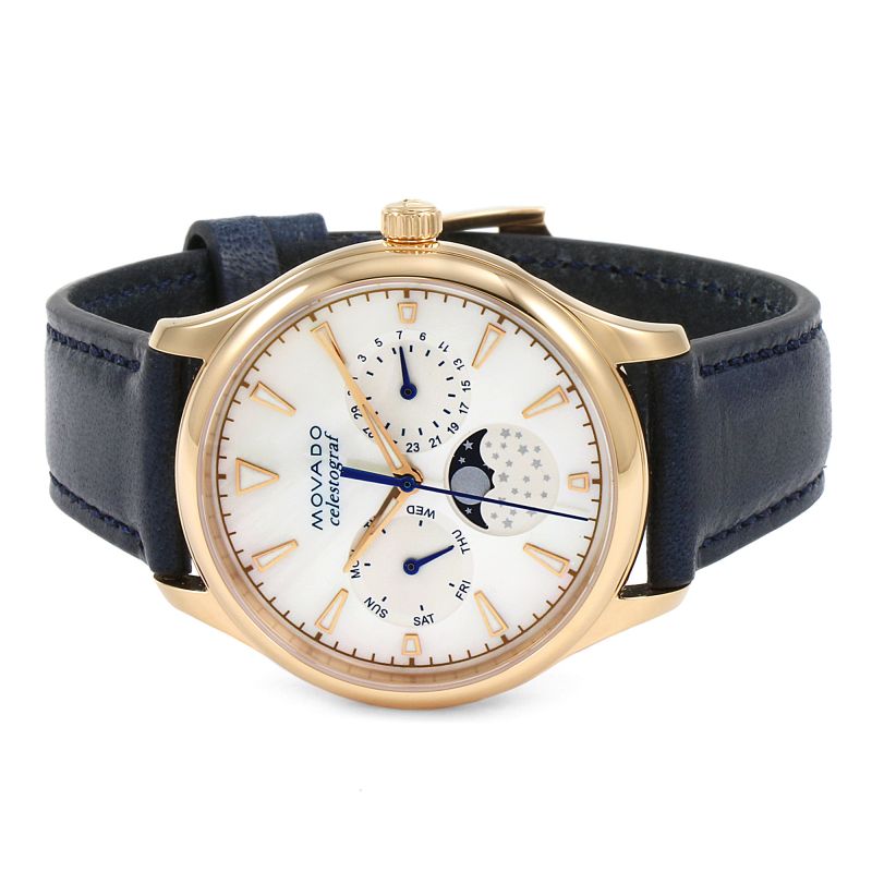 Movado Heritage Celestograf White Mother of Pearl Dial Blue Leather Strap Watch For Women - 3650011 Buy Now By Movado