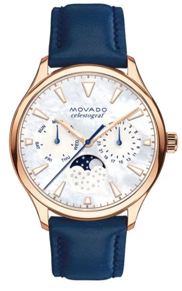 Movado Heritage Celestograf White Mother of Pearl Dial Blue Leather Strap Watch For Women - 3650011 Buy Now By Movado