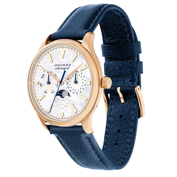 Movado Heritage Celestograf White Mother of Pearl Dial Blue Leather Strap Watch For Women - 3650011 Buy Now By Movado