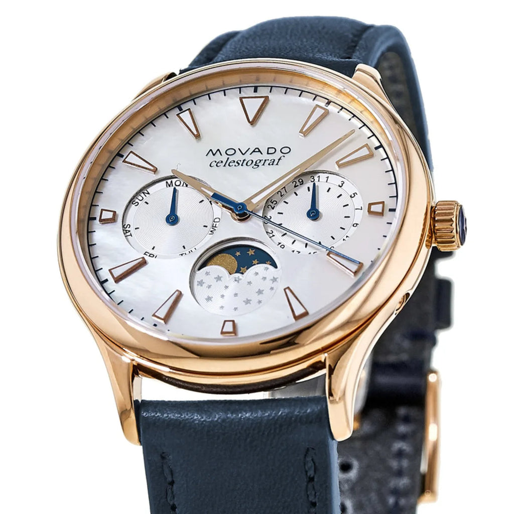 Movado Heritage Celestograf White Mother of Pearl Dial Blue Leather Strap Watch For Women - 3650011 Buy Now By Movado