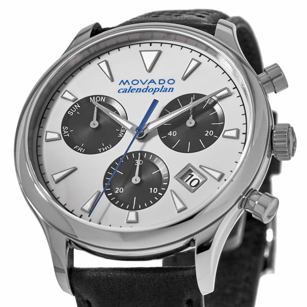 Movado Heritage Calendoplan Chronograph Silver Dial Black Leather Strap Watch for Men - 3650024 Buy Now By Movado