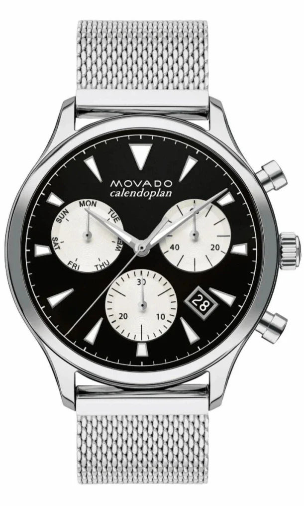 Movado Heritage Calendoplan Chronograph Black Dial Silver Mesh Strap Watch for Men - 3650097 Buy Now By Movado