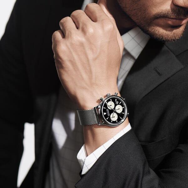 Movado Heritage Calendoplan Chronograph Black Dial Silver Mesh Strap Watch for Men - 3650097 Buy Now By Movado