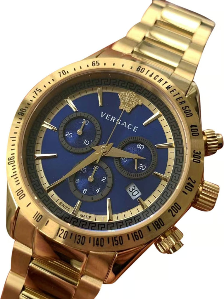 Versace Classic Chronograph Quartz Blue Dial Gold Steel Strap Watch For Men - VEV700619 Buy Now By Versace