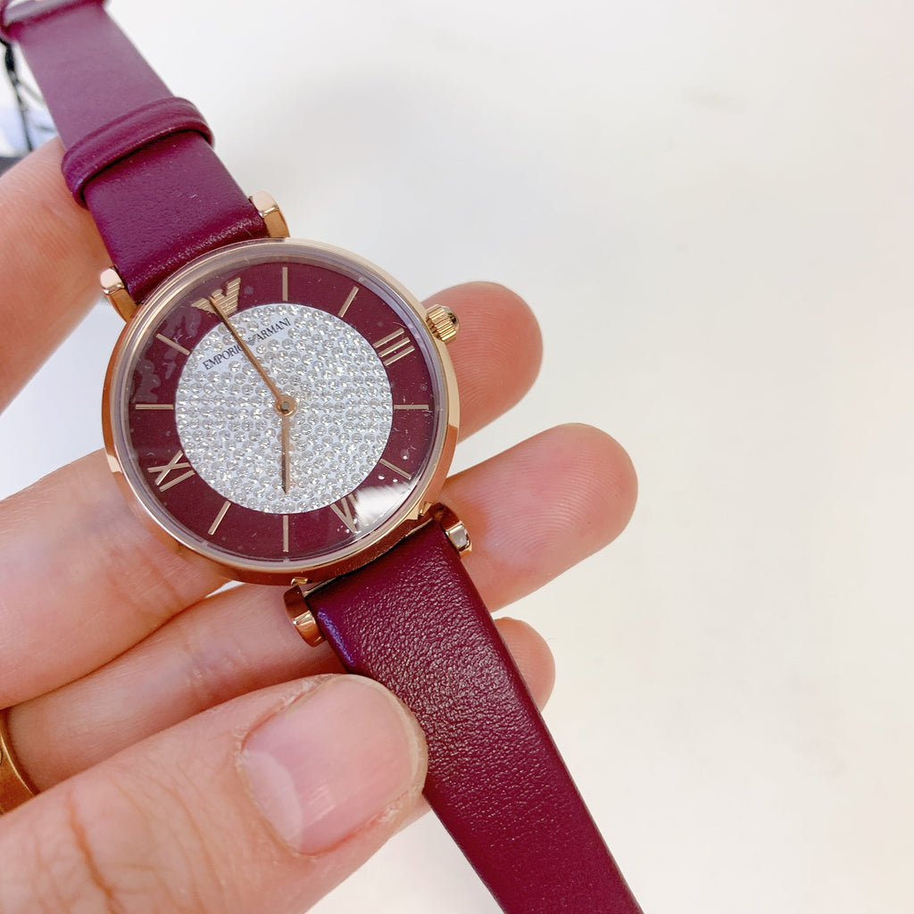 Emporio Armani Gianni T Bar Crystals Maroon Dial Maroon Leather Strap Watch for Women - AR11487 Buy Now By Emporio Armani