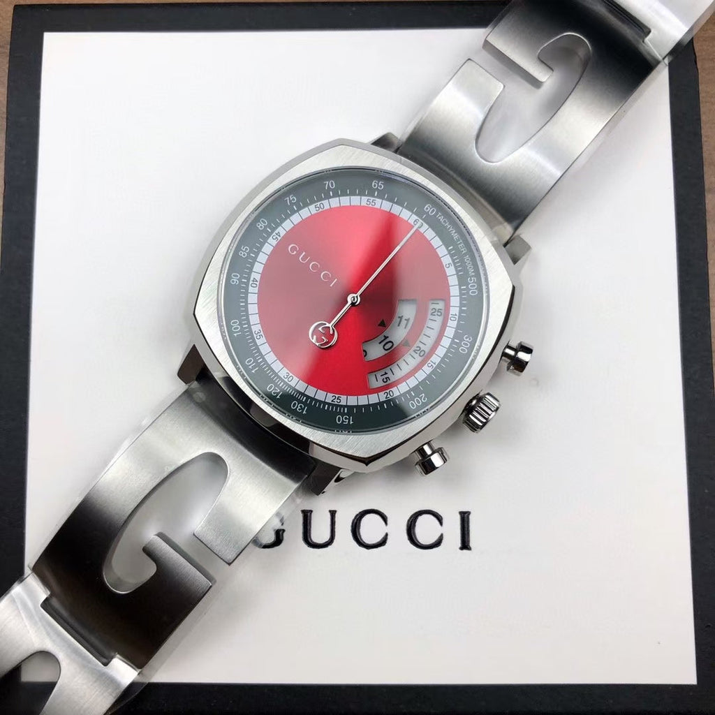 Gucci Grip Quartz Chronograph Red Dial Silver Steel Strap Watch For Men - YA157303 Buy Now By Gucci