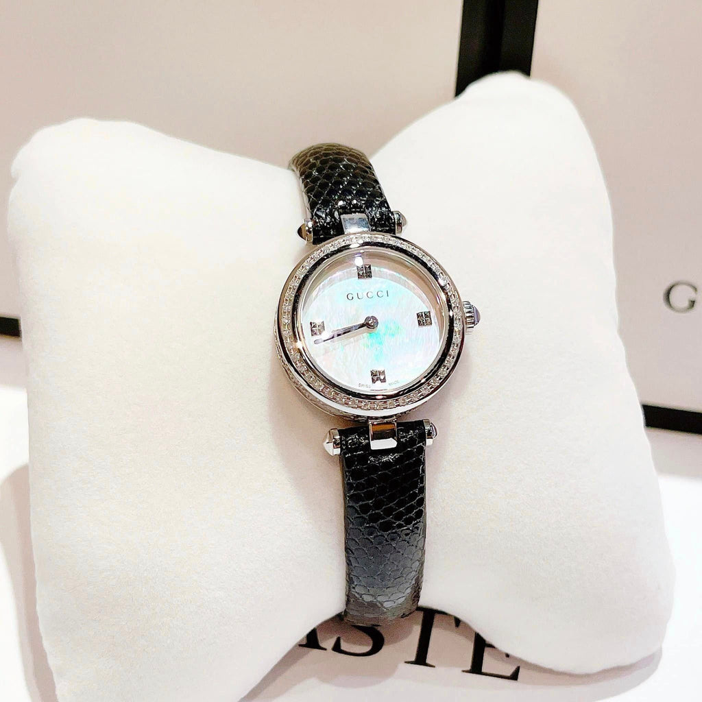 Gucci Diamantissima Diamonds Mother of Pearl Dial Black Leather Strap Watch For Women - YA141511 Buy Now By Gucci