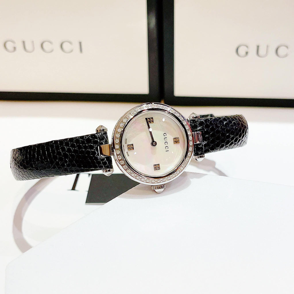 Gucci Diamantissima Diamonds Mother of Pearl Dial Black Leather Strap Watch For Women - YA141511 Buy Now By Gucci