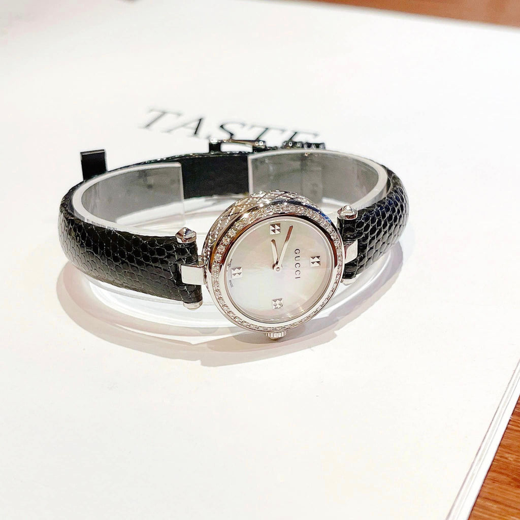 Gucci Diamantissima Diamonds Mother of Pearl Dial Black Leather Strap Watch For Women - YA141511 Buy Now By Gucci