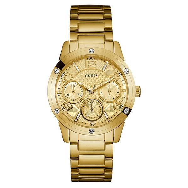 Guess Crystal Multifunction Gold Dial Gold Steel Strap Watch for Women - W0778L2 Buy Now By Guess