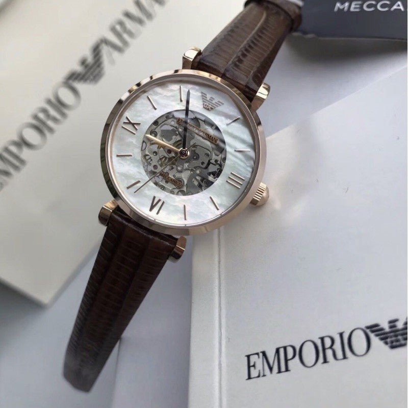 Emporio Armani Meccanico Skeleton Mother of Pearl Dial Brown Leather Strap Watch For Women - AR1993 Buy Now By Emporio Armani