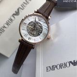 Emporio Armani Meccanico Skeleton Mother of Pearl Dial Brown Leather Strap Watch For Women - AR1993 Buy Now By Emporio Armani