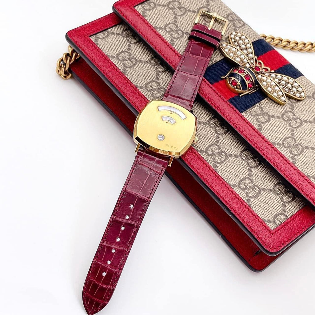 Gucci Grip Quartz Gold Dial Maroon Leather Strap Watch For Women - YA157413 Buy Now By Gucci