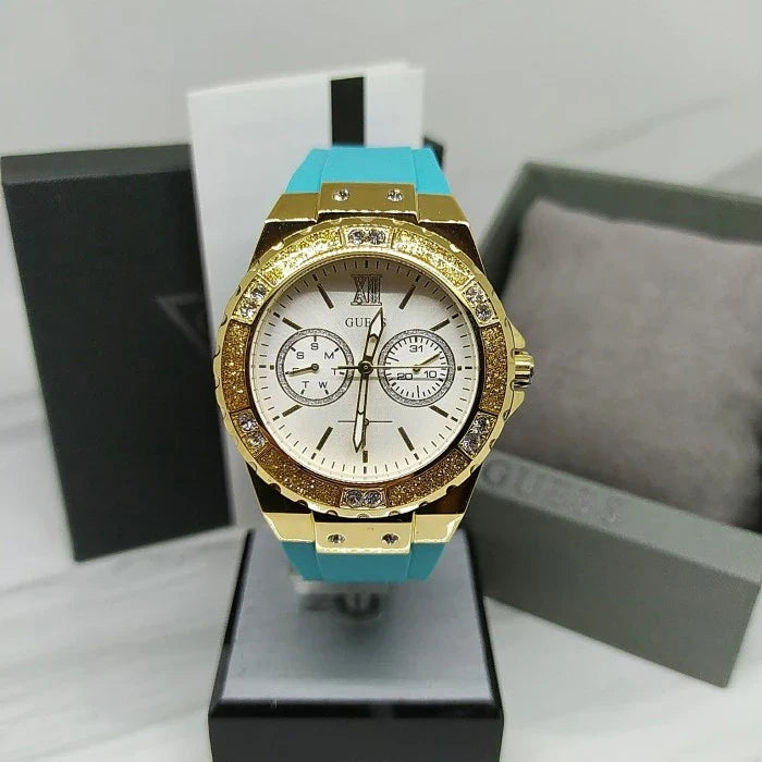 Guess Limelight Crystal White Dial Light Blue Rubber Strap Watch for Women - W1053L6 Buy Now By Guess