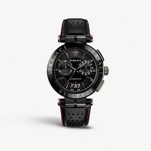 Versace V-Racer Aion Chronograph Black Dial Black Leather Strap Watch for Men - VBR030017 Buy Now By Versace