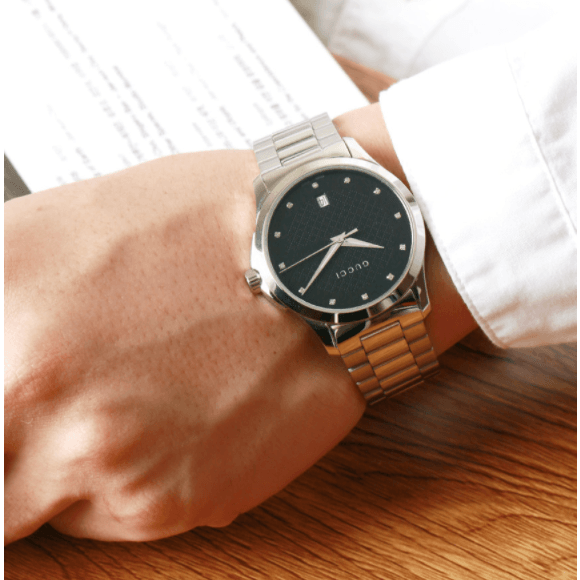 Gucci G Timeless Diamonds Black Dial Silver Steel Strap Watch For Men - YA126456 Buy Now By Gucci