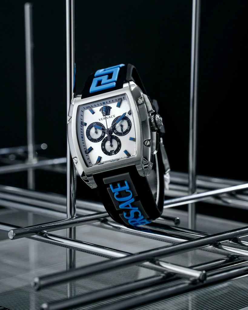 Versace Dominus Chronograph Silver Dial Black Rubber Strap Watch For Men - VE6H00123 Buy Now By Versace