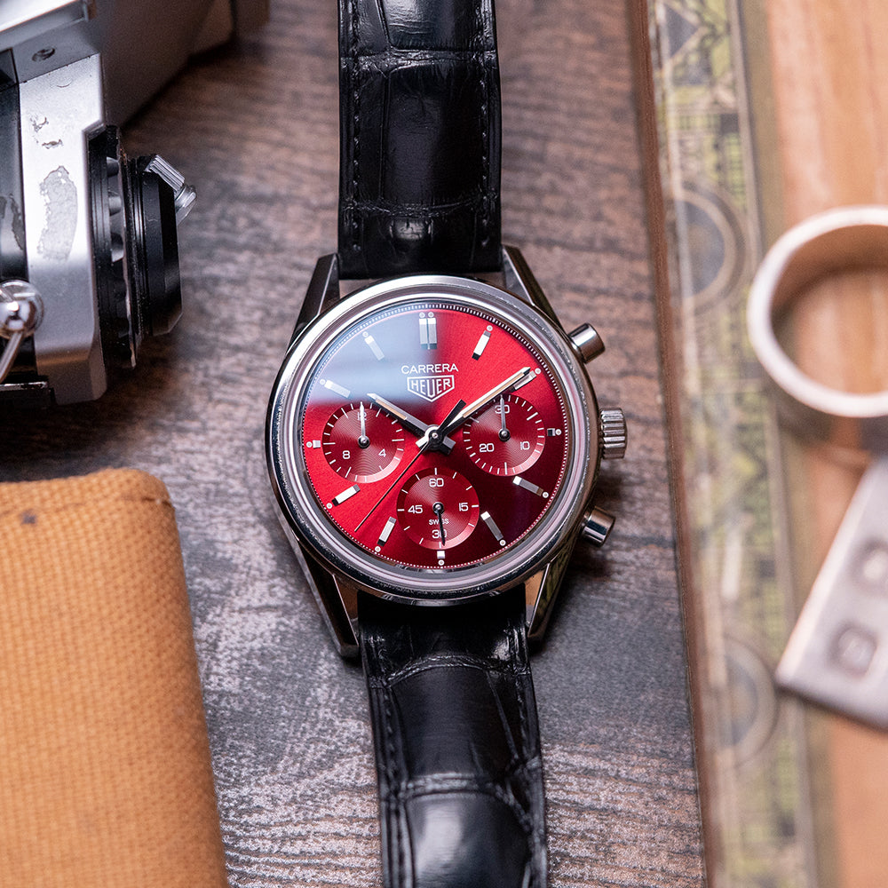 Tag Heuer Carrera Automatic Chronograph Red Dial Black Leather Strap Watch for Men - CBK221G.FC6479 Buy Now By Tag Heuer