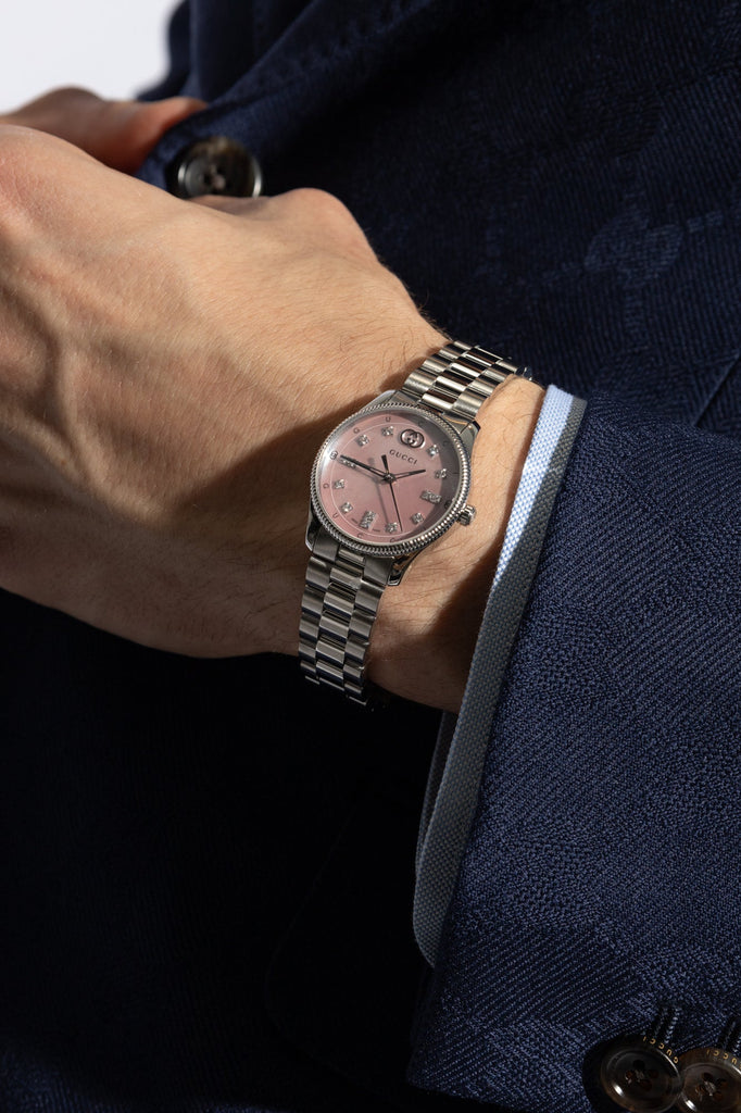 Gucci G Timeless Diamonds Mother of Pearl Pink Dial Silver Steel Strap Watch for Women - YA1265062 Buy Now By Gucci