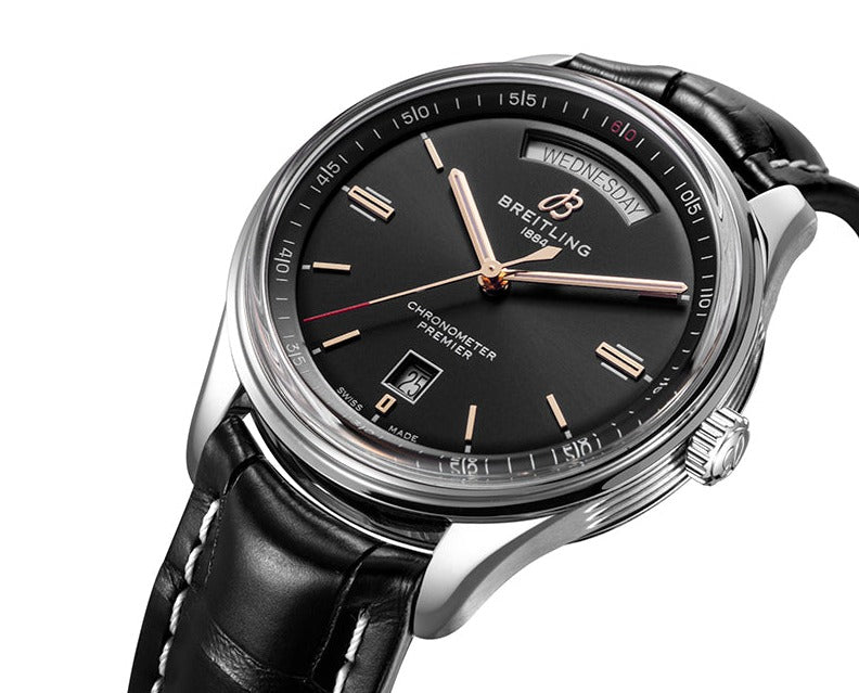 Breitling Premier Automatic 40mm Day & Date Black Dial Black Leather Strap Mens Watch - A45340241B1P2 Buy Now By Breitling