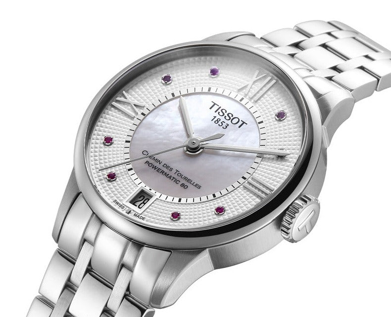 Tissot Chemin Des Tourelles Powermatic 80 Rubies Mother of Pearl Dial Silver Steel Strap Watch For Women - T099.207.11.113.00 Buy Now By Tissot