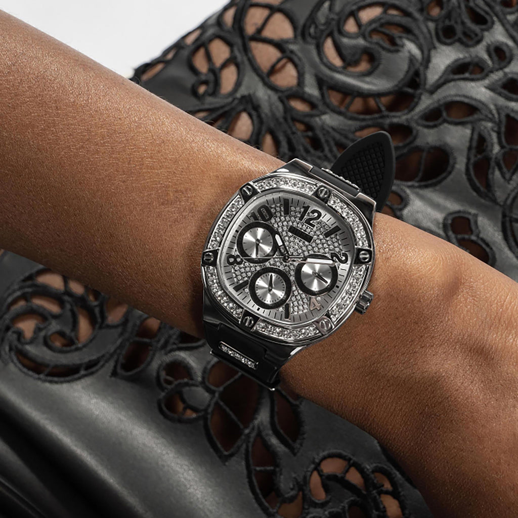 Guess Duchess Crystals Silver Dial Black Silicon Strap Watch For Women - GW0619L1 Buy Now By Guess