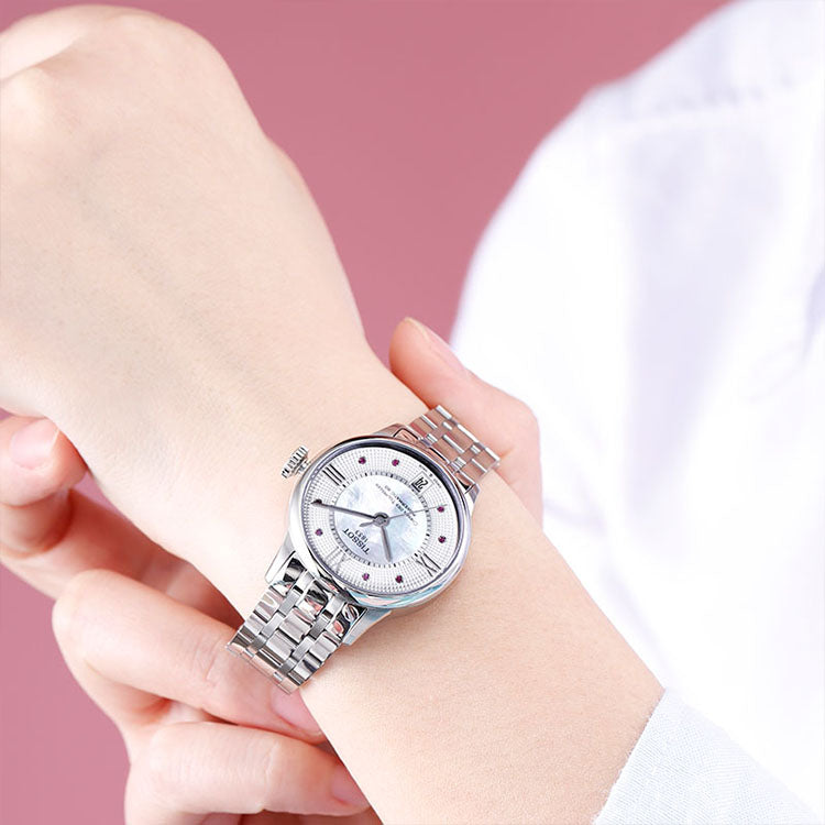 Tissot Chemin Des Tourelles Powermatic 80 Rubies Mother of Pearl Dial Silver Steel Strap Watch For Women - T099.207.11.113.00 Buy Now By Tissot