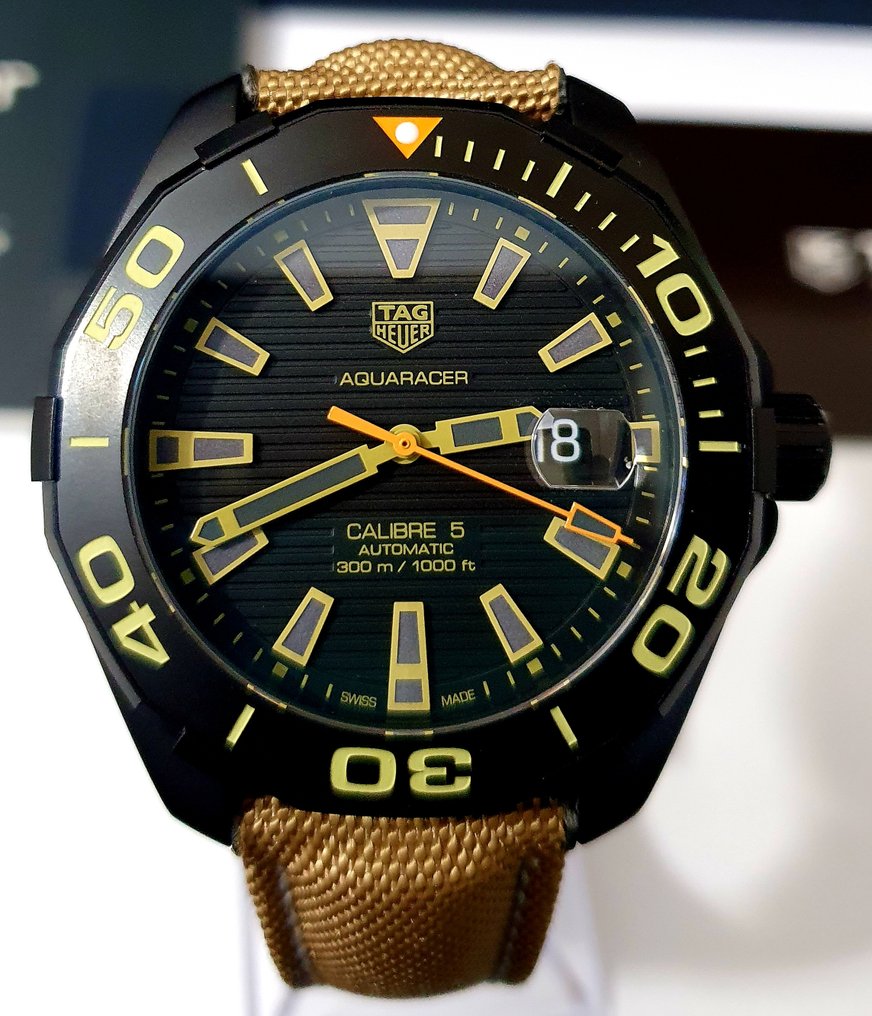Tag Heuer Aquaracer 300 Calibre 5 Automatic Black Dial Brown Nylon Strap Watch for Men - WAY208C.FC6383 Buy Now By Tag Heuer