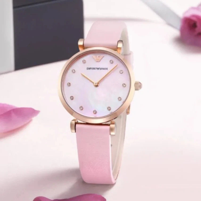 Emporio Armani Gianni T Bar Mother Of Pearl Pink Dial Pink Leather Strap Watch For Women - AR1958 Buy Now By Emporio Armani