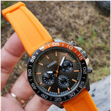 Fossil Bannon Chronograph Grey Dial Orange Silicone Strap Watch for Men - BQ2500 Buy Now By Fossil