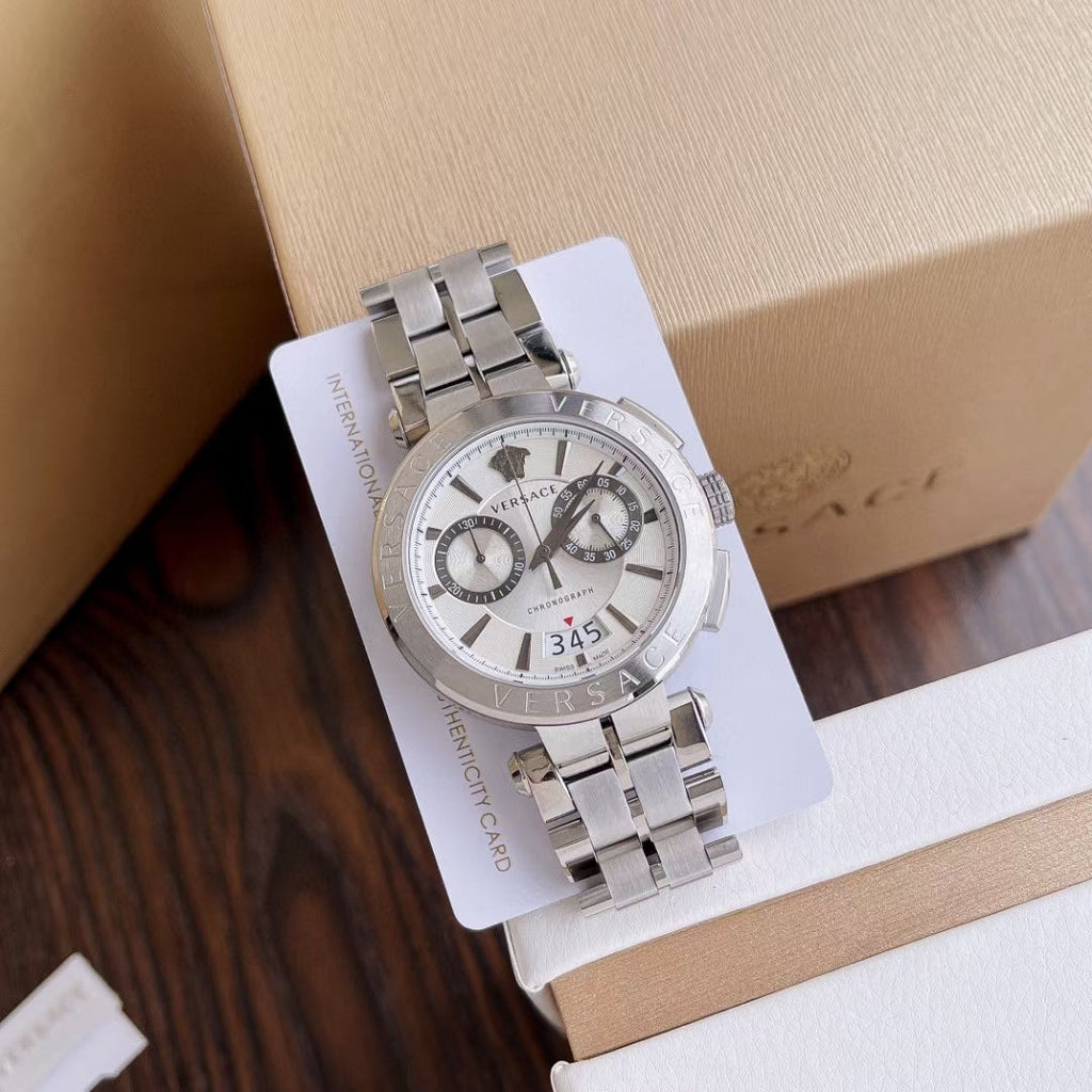 Versace Aion Chronograph White Dial Silver Steel Strap Watch for Men - VBR040017 Buy Now By Versace
