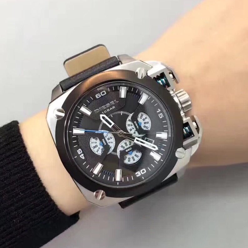 Diesel BAMF Chronograph Black Dial Black Leather Strap Watch For Men - DZ7345 Buy Now By Diesel