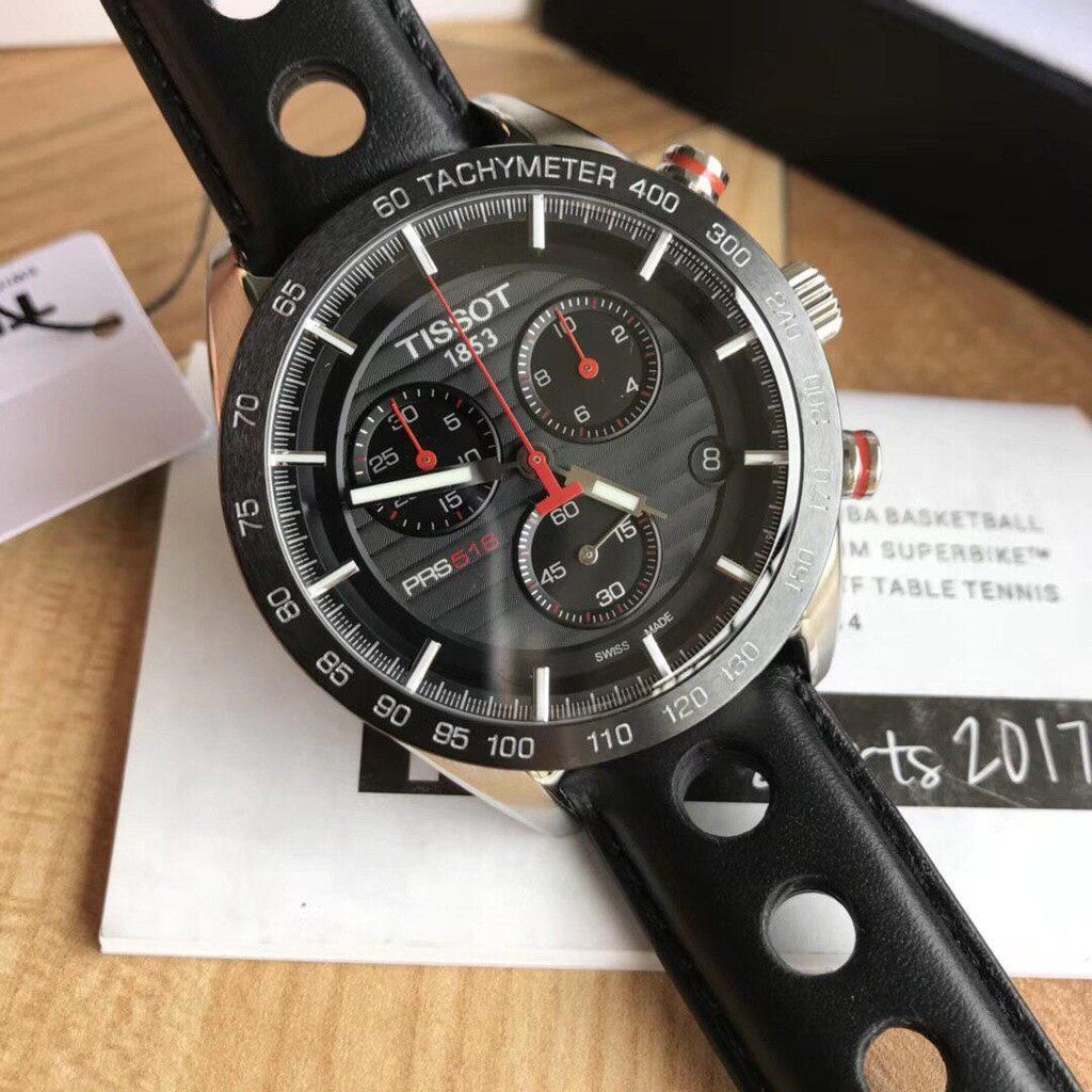Tissot PRS 516 Chronograph Black Dial Black Leather Strap Watch For Men - T100.417.16.051.00 Buy Now By Tissot