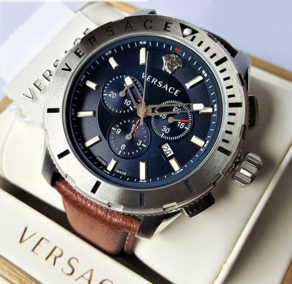 Versace Casual Chronograph Blue Dial Brown Leather Strap Watch for Men - VERG002-18 Buy Now By Versace