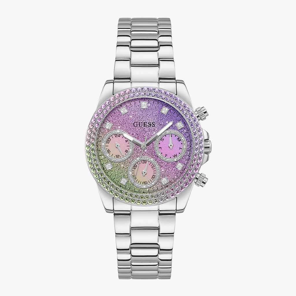 Guess Sol Chronograph Crystals Multicolor Dial Silver Steel Strap Watch For Women - GW0483L1 Buy Now By Guess