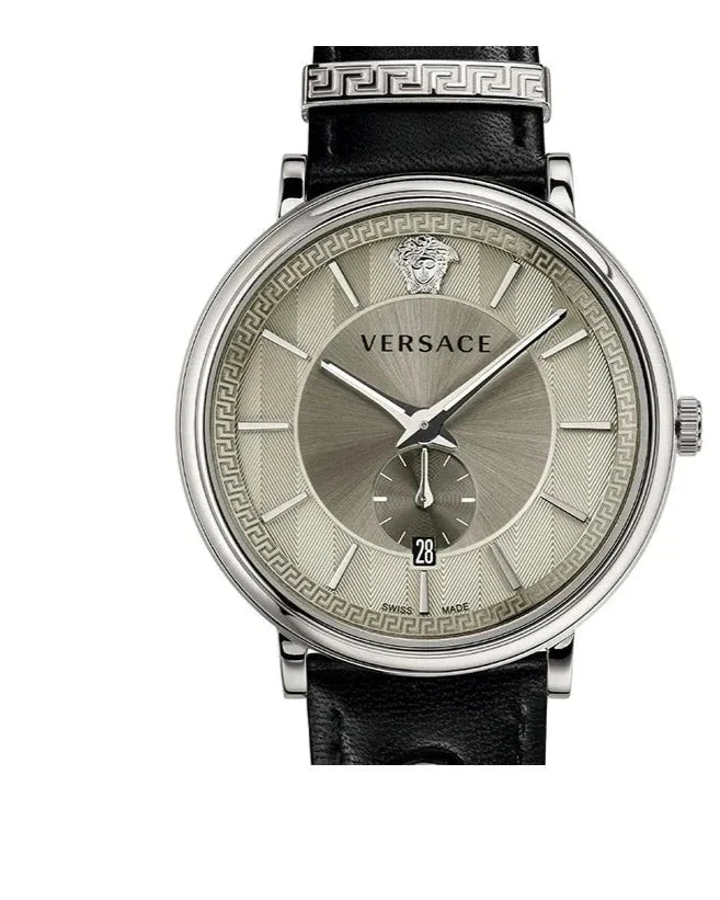 Versace V-Circle Black Manifesto Courage Quartz Silver Dial Black Leather Strap Watch for Men - VBQ080017 Buy Now By Versace