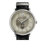 Versace V-Circle Black Manifesto Courage Quartz Silver Dial Black Leather Strap Watch for Men - VBQ080017 Buy Now By Versace