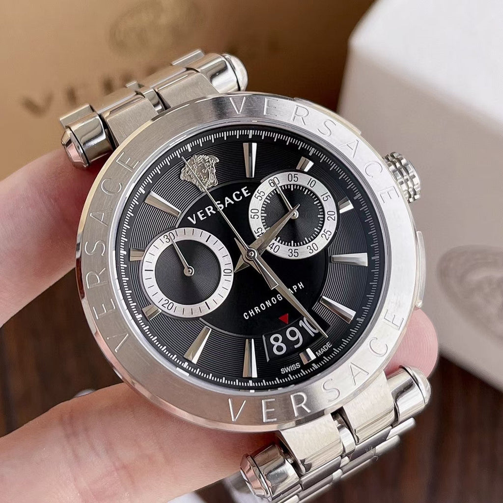 Versace Quartz Black Dial Silver Steel Strap Watch For Men - VBR080018 Buy Now By Versace