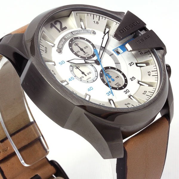 Diesel Mega Chief Chronograph White Dial Brown Leather Strap Watch For Men - DZ4280 Buy Now By Diesel